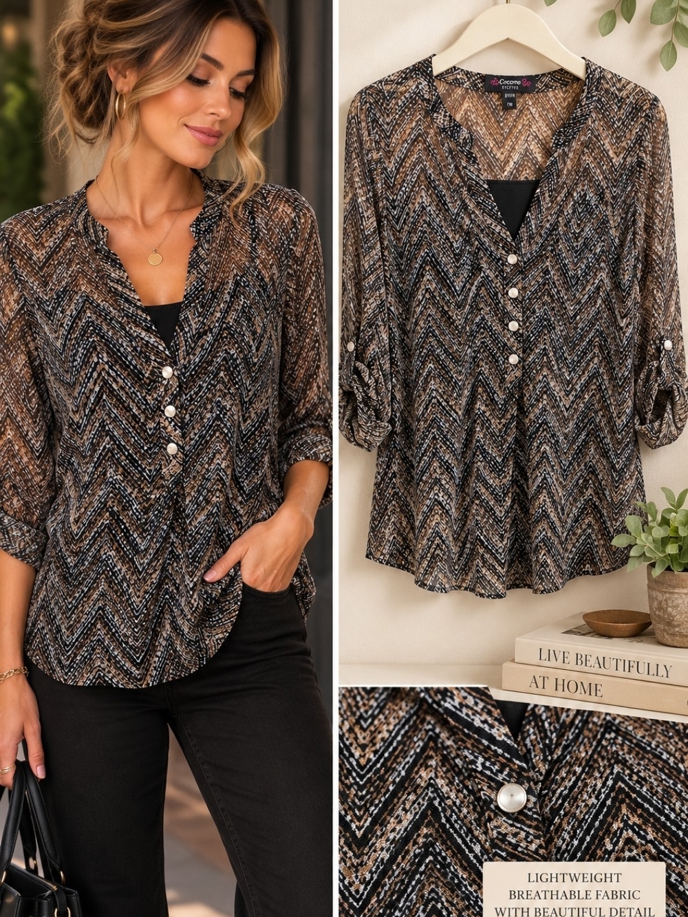 Petite PM Chevron Blouse Button Front Roll Tab Sleeve Boho Neutral Feminine